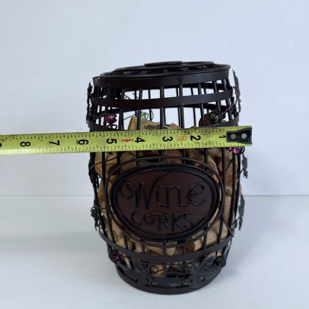 Metal Wine Barrel Cork Holder - Decorative Wine Cork Storage Bin with Grapes - Picture 2 of 10